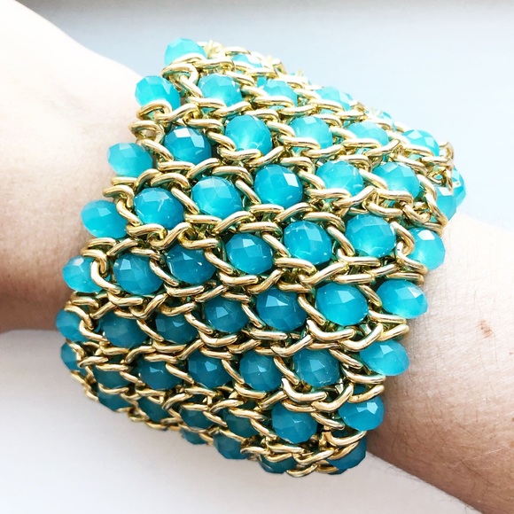 Vintage Jewelry - Luxe turquoise bead & gold chain cuff bracelet